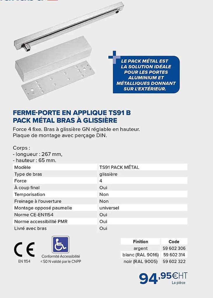 ferme-porte en applique ts91 b pack métal bras à glissière
