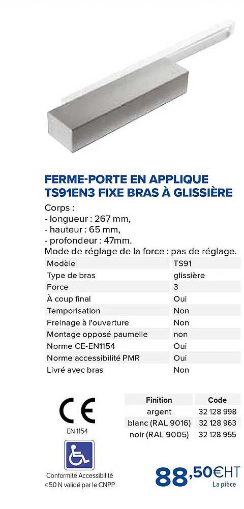 ferme-porte en applique ts91en3 fixe bras à glissière