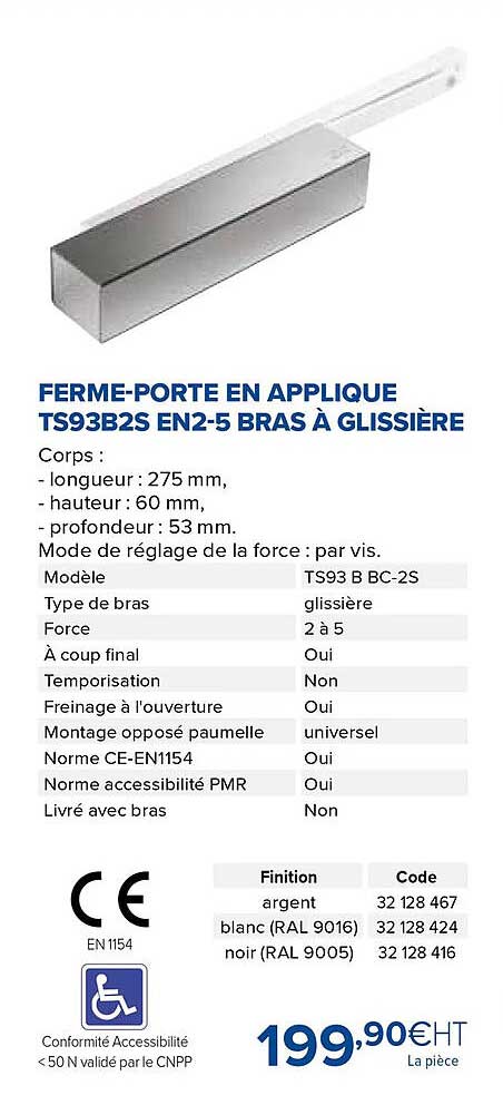 ferme-porte en applique ts93b2s en2-5 bras à glissière