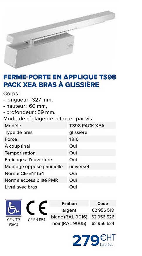 Ferme-porte En Applique Ts98 Pack Xea Bras à Glissière