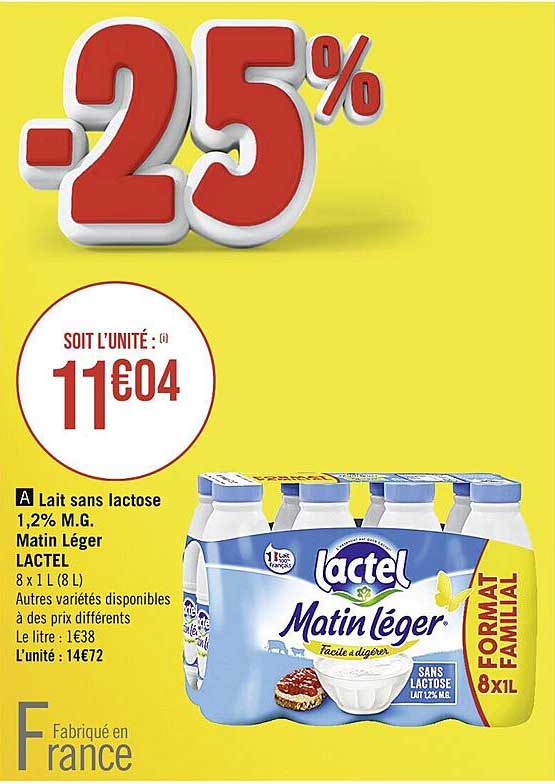 lait sans lactose 1,2% m.g. matin léger lactel