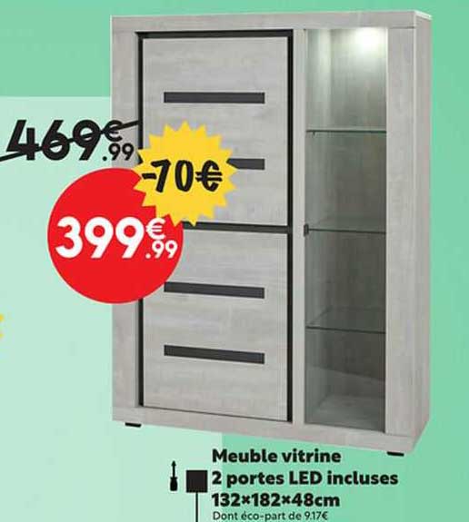 meuble vitrine 2 portes led incluses 132 x 182 x 48 cm