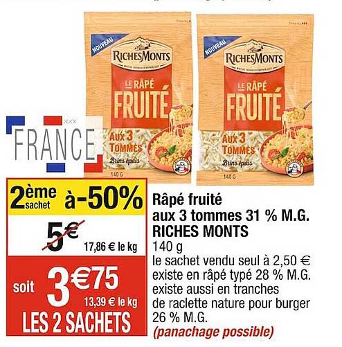 râpé fruité aux 3 tommes 31% m.g. riches monts