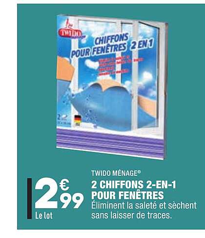 2 chiffons 2-en-1 pour fenêtres twido ménage