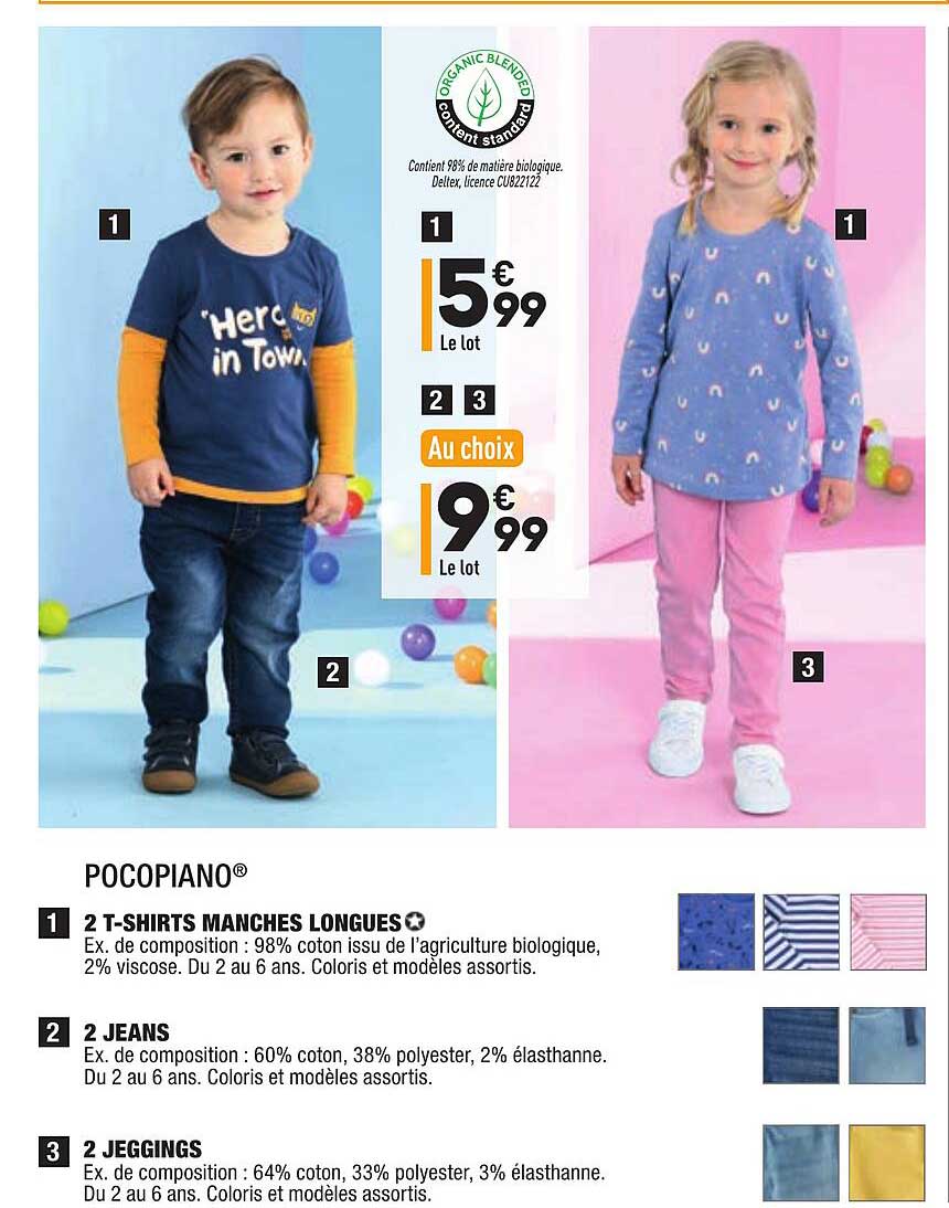 2 t-shirts manches longues, 2 jeans, 2 jeggings pocopiano