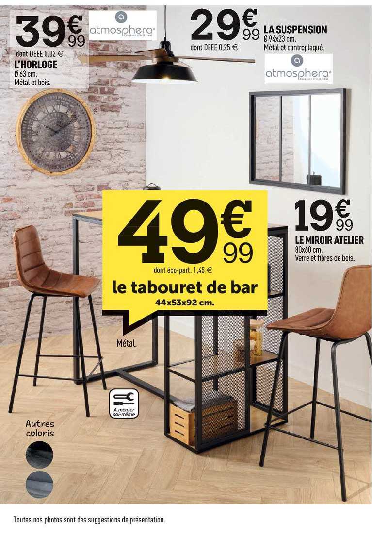 l'horloge, la suspension, le miroir atelier, le tabouret de bar