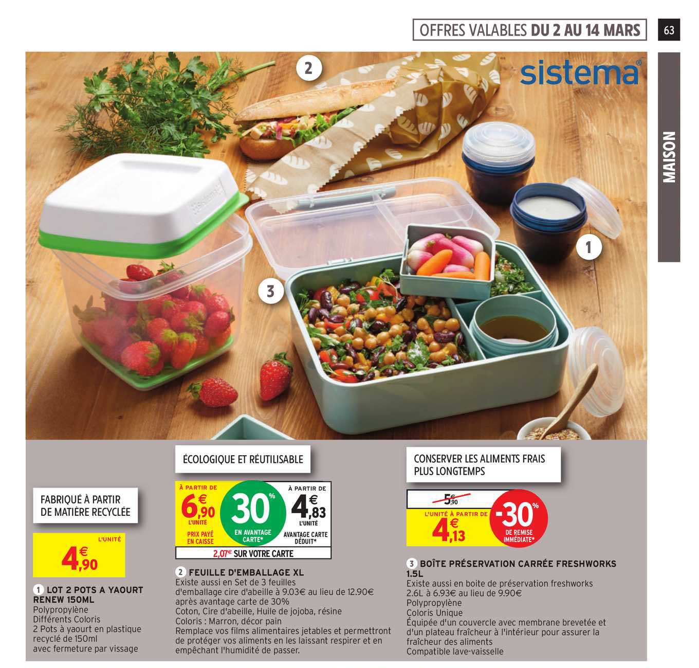 lot 2 pots à yaourt renew 150ml, feuille d'emballage xl, boîte préservation carrée freshworks 1,5 l