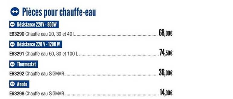 pièces pour chauffe eau