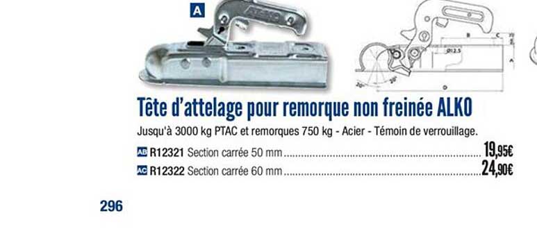 tête d'attelage pour remorque non freinée alko