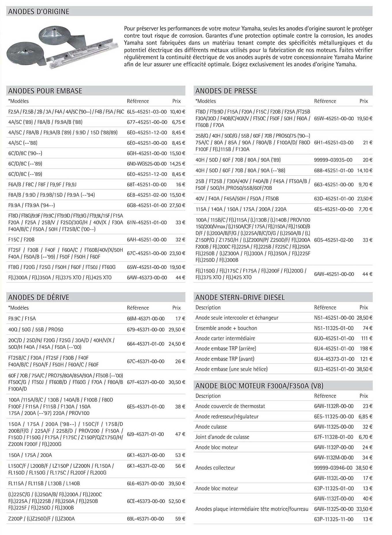 anodes d'origine, anodes pour embase, anode de presse, anode de dérivé, anode stern-drive diesel, anode bloc moteur