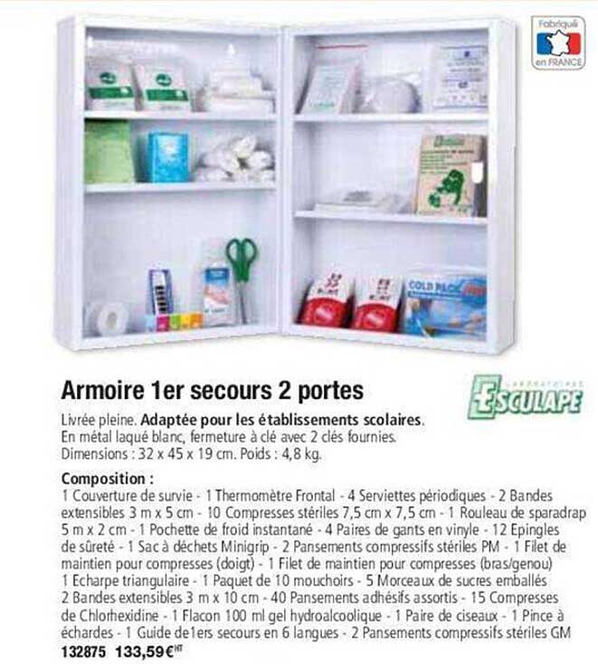 armoire 1er secours 2 portes esculape