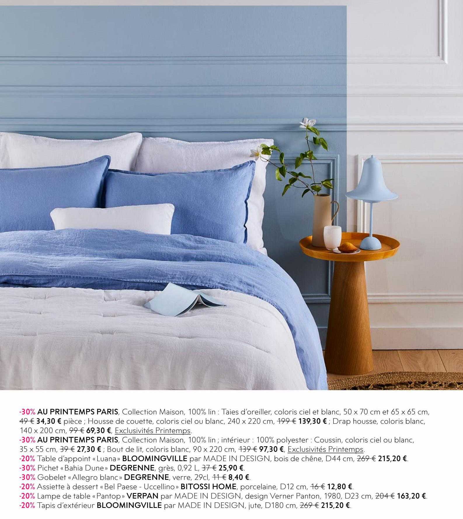 au printemps paris, table d'appoint "luana" bloomingville, pichet "bahia dune" degrenne, gobelet "allegro blanc" degrenne, assiette à dessert "bel paese - uccelino" bitossi home, lampa de table