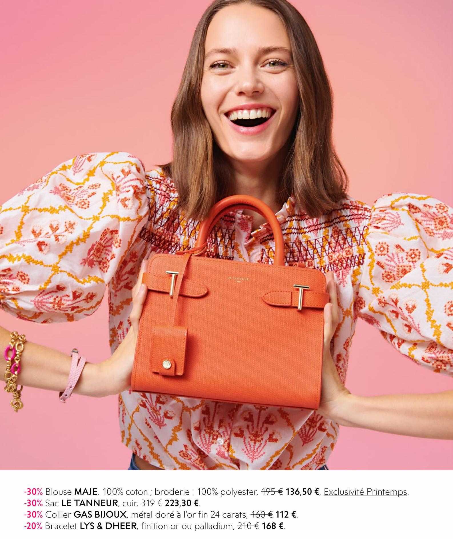 blouse maje, sac le tanneur, collier gas bijoux, bracelet lys & sheer