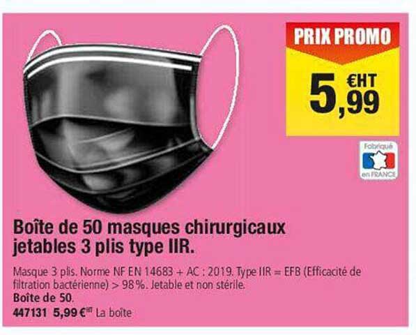 boîte de 50 masques chirurgicaux jetables 3 plis type IIR;