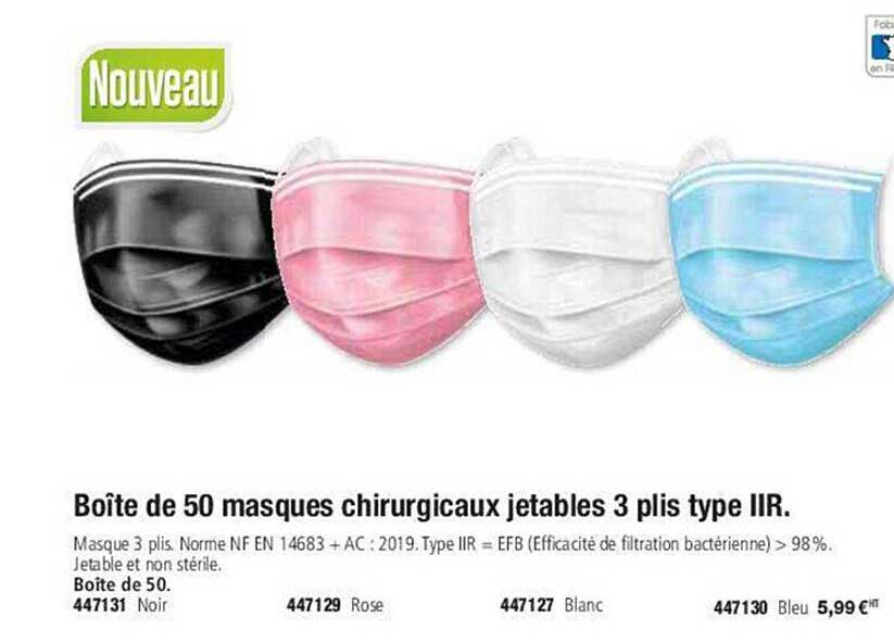 boîte de 50 masques chirurgicaux jetables 3 plis type IIR