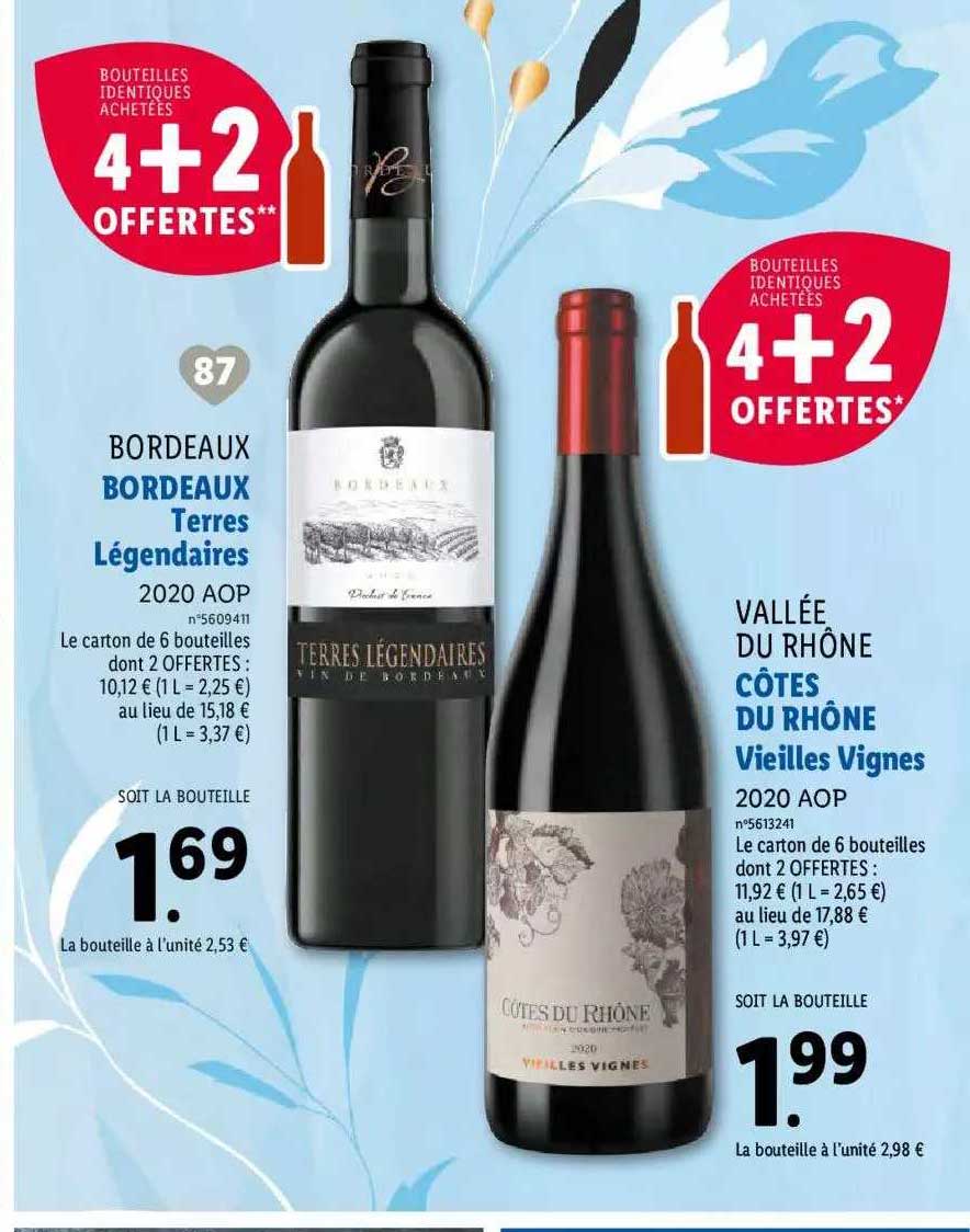 bordeaux terres légendaires 2020 aop, vallée du rhône côtes du rhône vieilles vignes 2020 aop