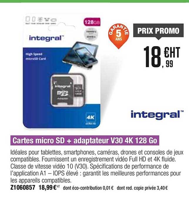 cartes micro sd + adaptateur v30 4k 128 go integral