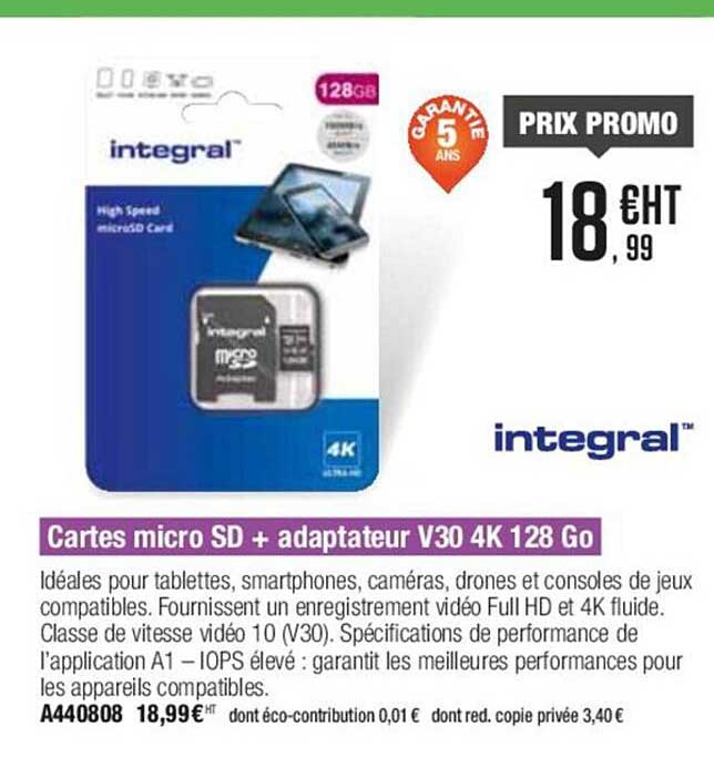 cartes micro sd + adaptateur v30 4k 128 go integral