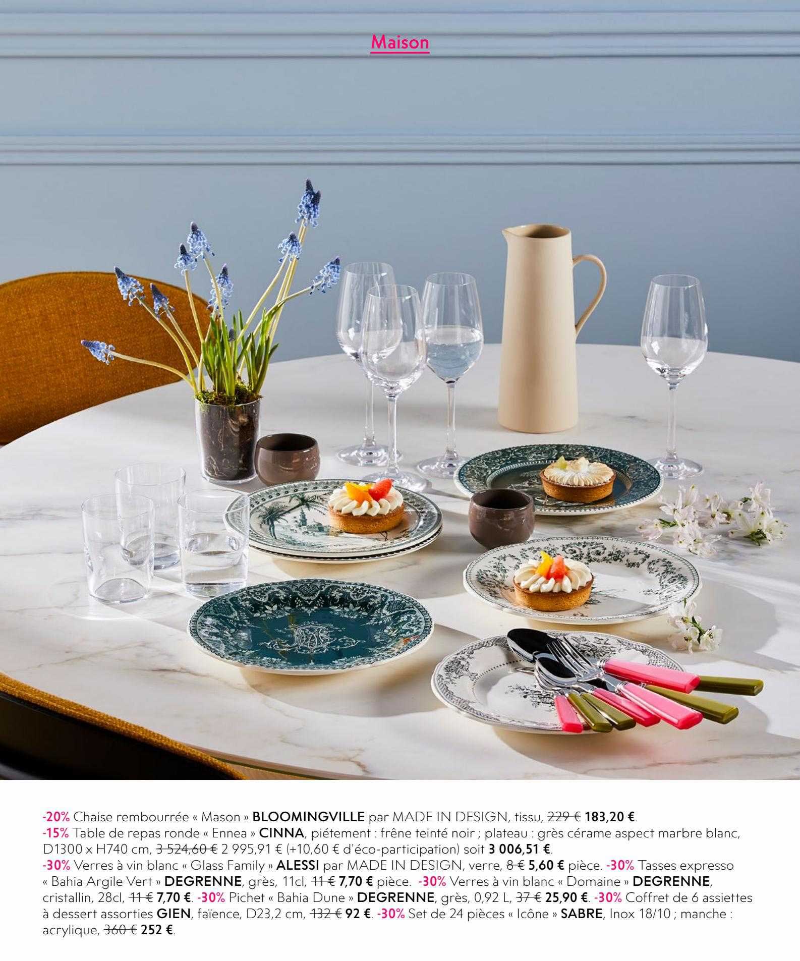 chaise rembourrée mason bloomingville, table de repas ronde «ennea» cinna, verres à vin blanc «glass family» alessi, verres à vin blanc «domaine» degrenne, pichet «bahia dune» degrenne