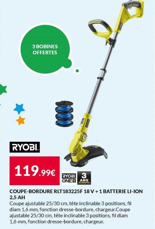 coupe-bordure rlt183225f 18v + 1 batterie li-ion 2,5 ah ryobi