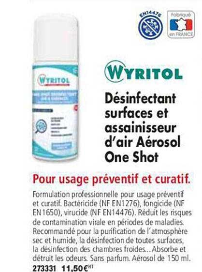 désinfectant surfaces et assainisseur d'air aérosol one shot