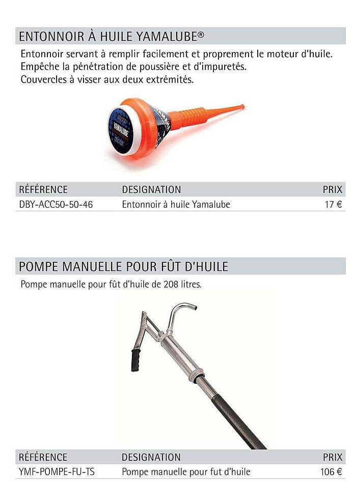 entonnoir à huile yamalube, pompe manuelle pour fût d'huile