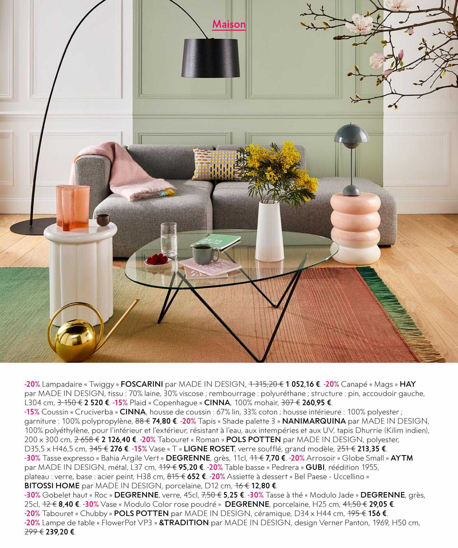 lampadaire «twiggy» foscarini, canapé «mags» hay, plaid «copenhague» cinna, coussin «cruciverba» cinna, tapis «shade palette 3» nanimarguina, tabouret «roman» pols potten