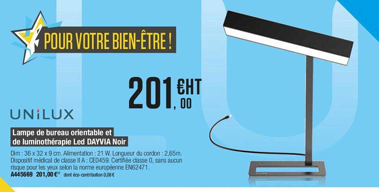 Lampe De Bureau Orientable Et De Luminothérapie Led Dayvia Noir Unilux