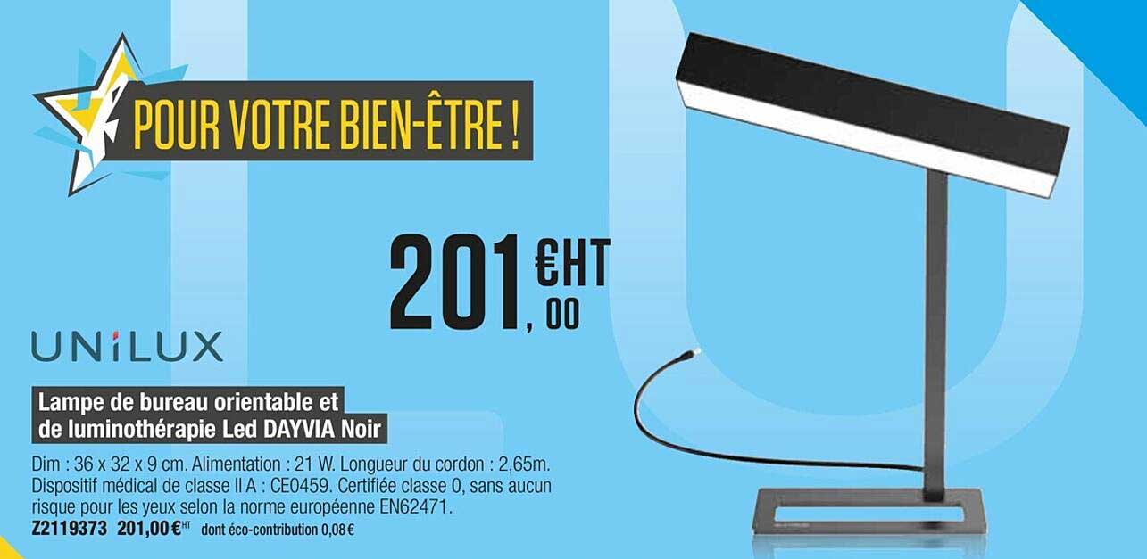 lampe de bureau orientable et de luminothérapie led dayvia noir unilux