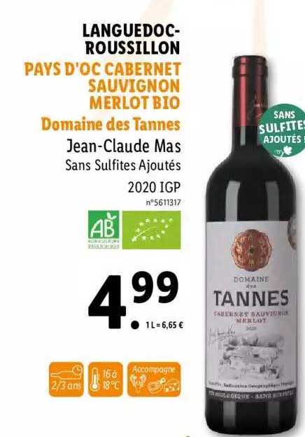 languedoc-roussillon pays d'oc cabernet sauvignon merlot bio domaine des tannes jean-claude mas