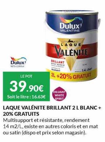 laque valenite brillant 2 l blanc + 20% gratuits dulux valentine