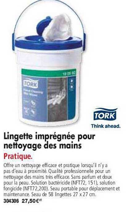 lingette imprégnée pour nettoyage des mains tork