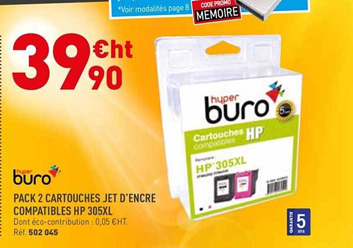 pack 2 cartouches jet d'encre compatibles hp 305xl buro