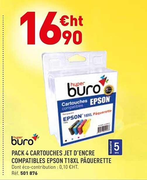 pack 4 cartouches jet d'encre compatibles epson t18xl pâquerette buro