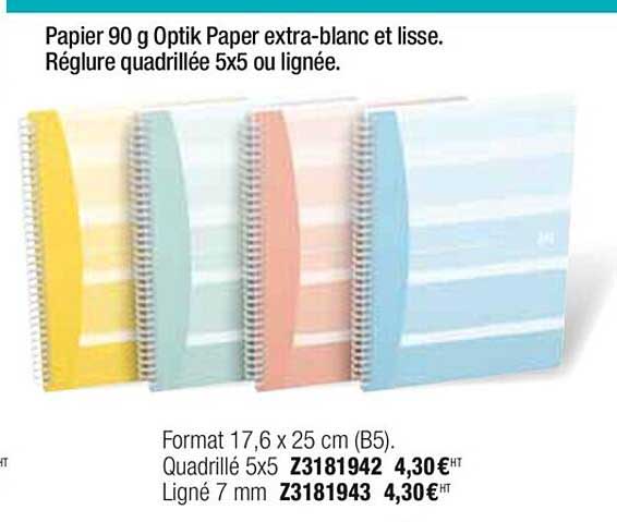 papier 90 g optik paper extra-blanc et lisse régular quadrillées 5x5 ou lignées