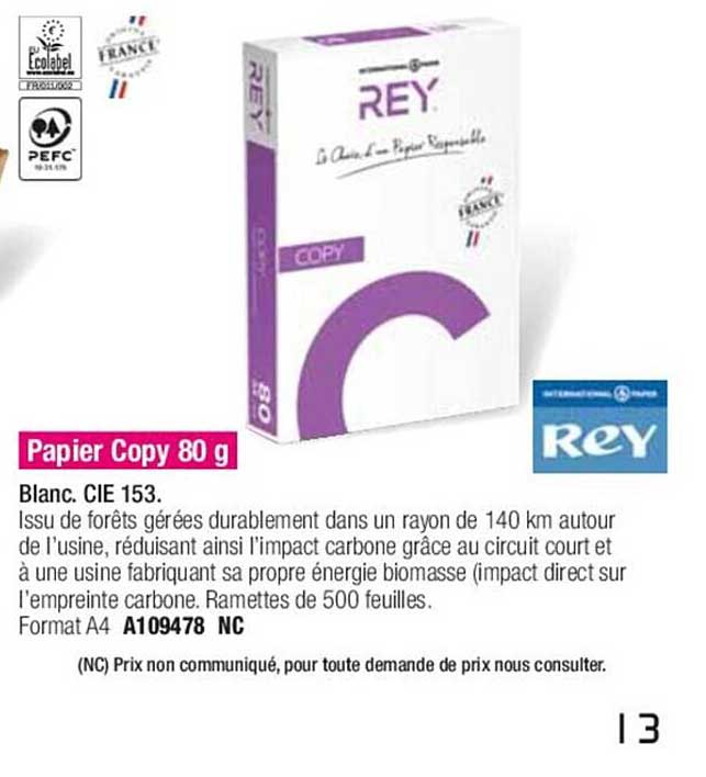 papier copy 80 g blanc. cie 153. rey