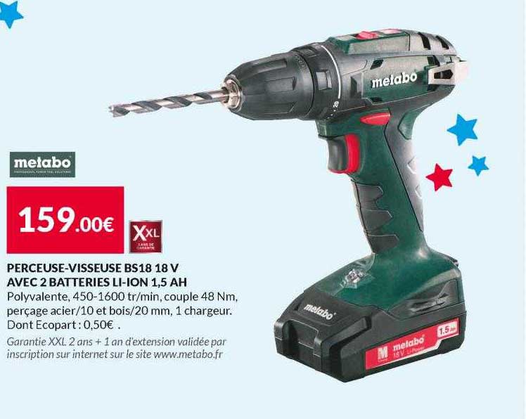 perceuse-visseuse bs18 18v avec 2 batteries li-ion 1,5 ah metabo