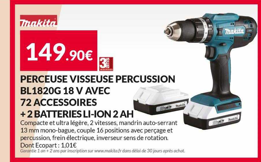 perceuse visseuse percussion bl1820g 18v avec 72 accessoires + 2 batteries li-ion 2 ah makita