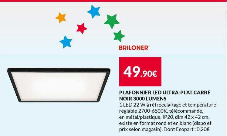 plafonnier led ultra-plat carré noir 3000 lumens briloner