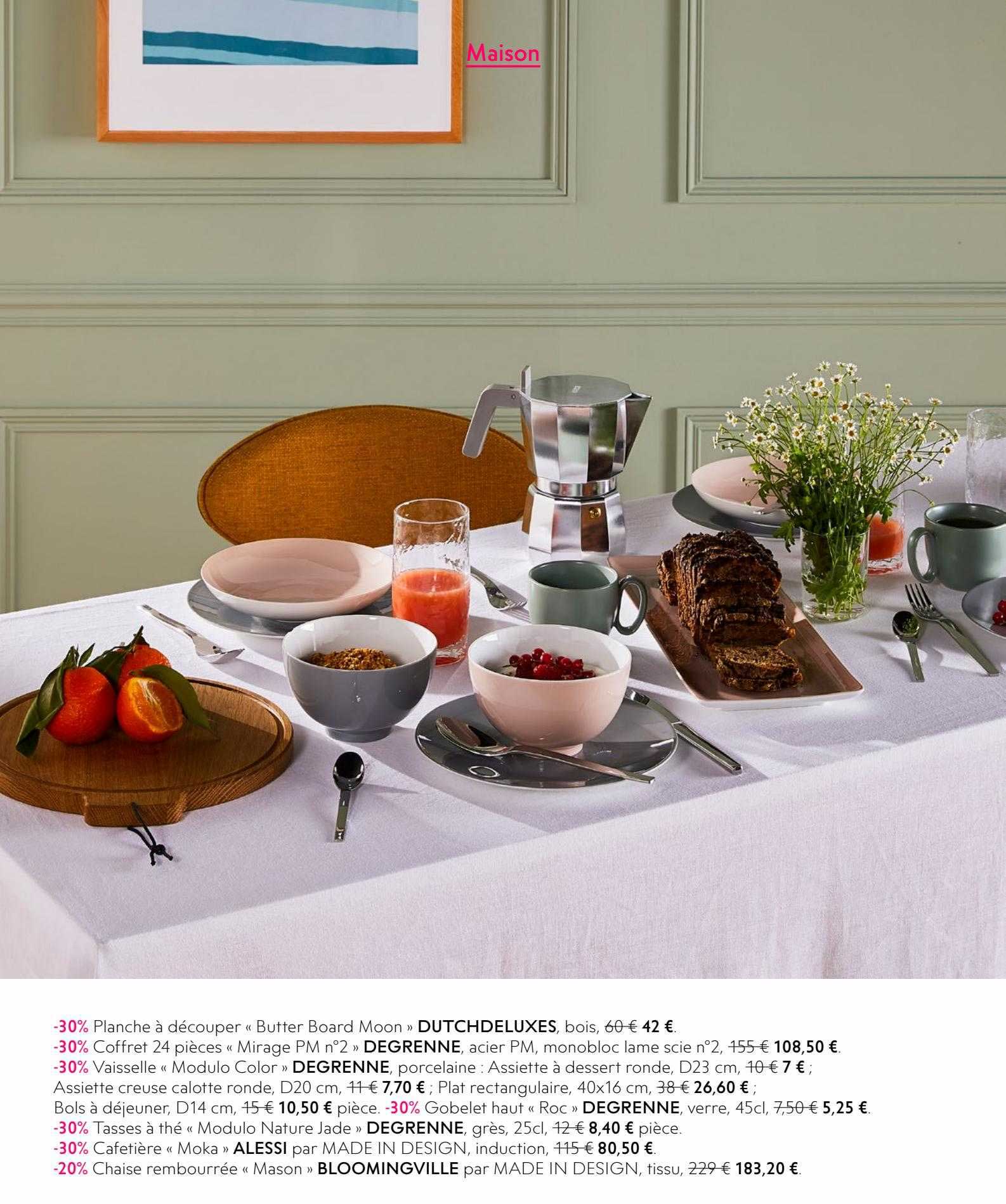 planche à découper "butter board moon" dtchdeluxes, coffret 24 pièces «mirage pm n°2» degrenne, vaisselle "modulo color" degrenne, tasses à thé "modulo nature jade" degrenne, cafetière "moka" alessi