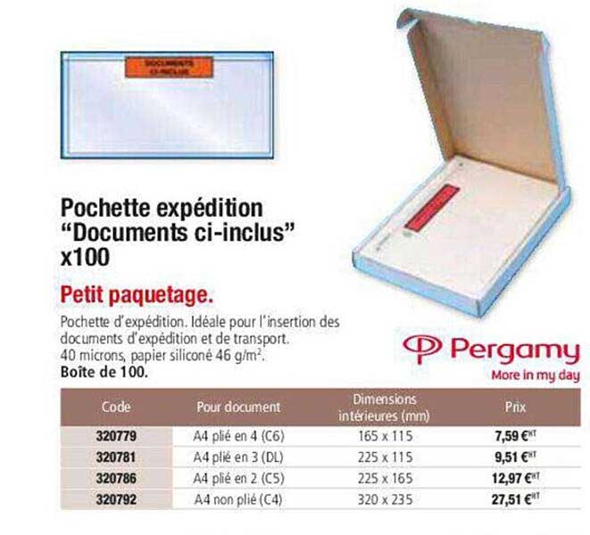 pochette expédition "documents ci-inclus" x100 pergamy