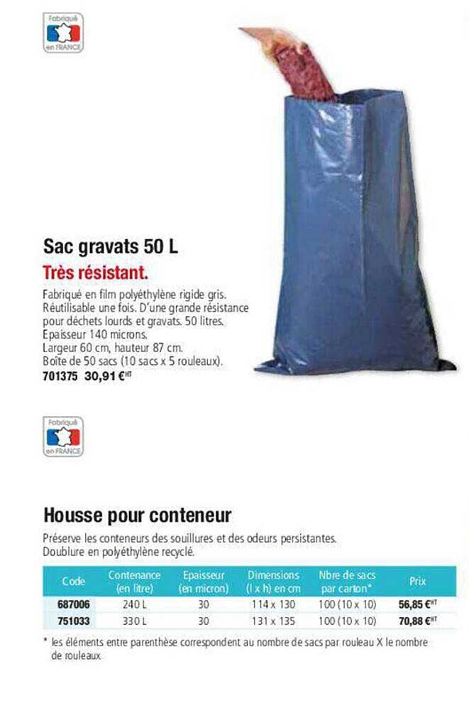 sac gravats 50 l, housse pour conteneur