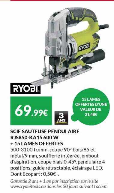 scie sauteuse pendulaire rjs850-ka15 600 w + 15 lames offertes ryobi