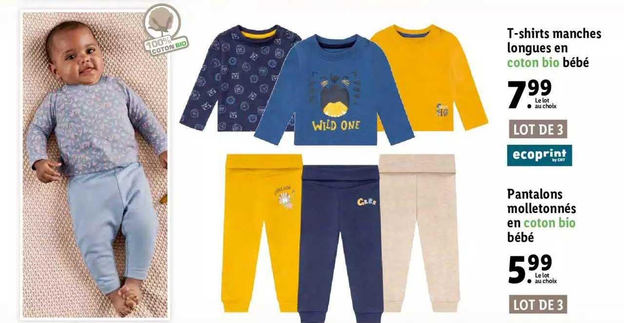 t-shirts manches longues en coton bio bébé, pantalons molletonnés en coton bio bébé