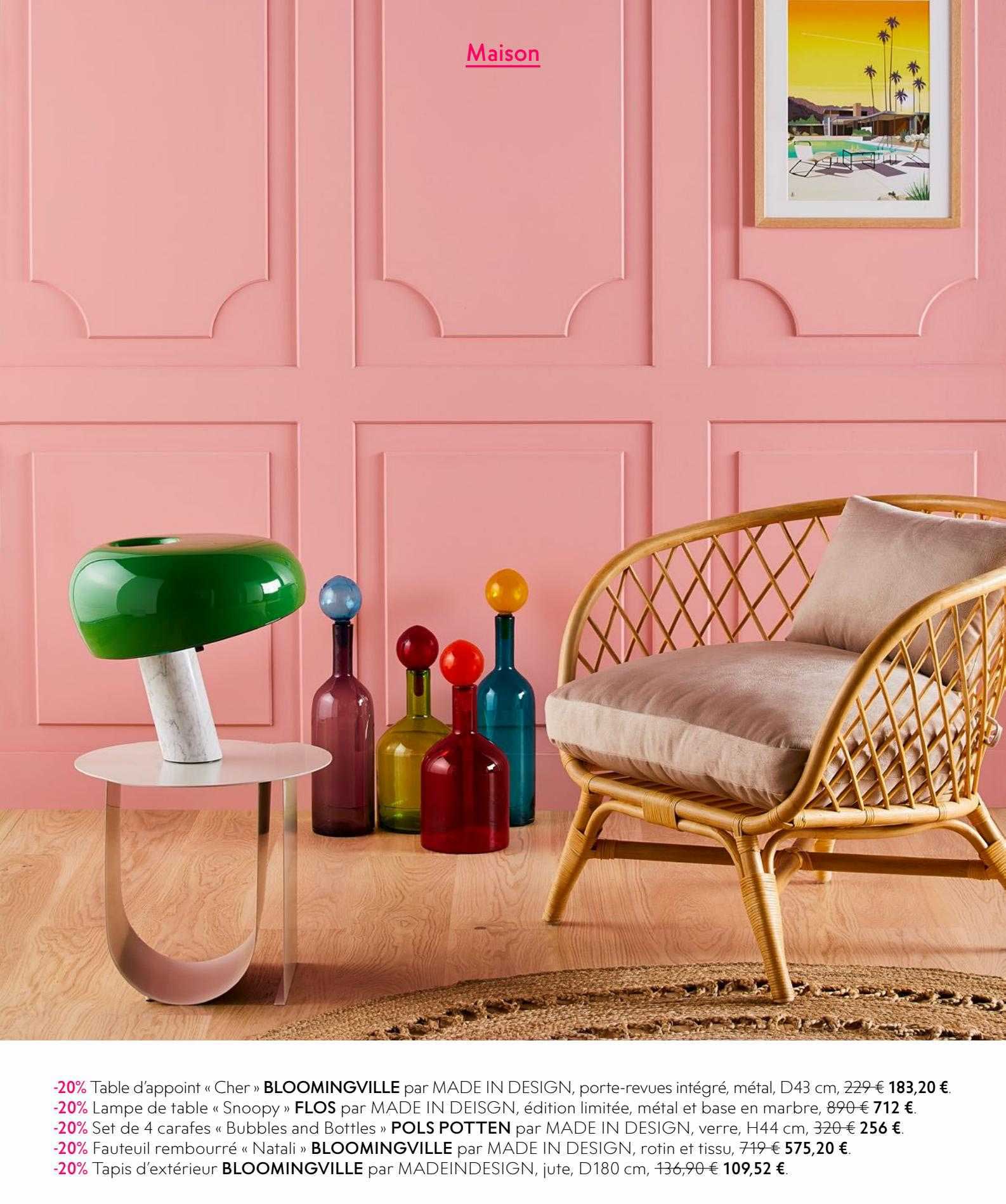 table d'appoint «cher» bloomingville, lampe de table «snoopy» flos, set de 4 carafes «bubbles and bottles» pols potten, fauteuil embourré «natal» bloomingville, tapis d'extérieur bloomingville