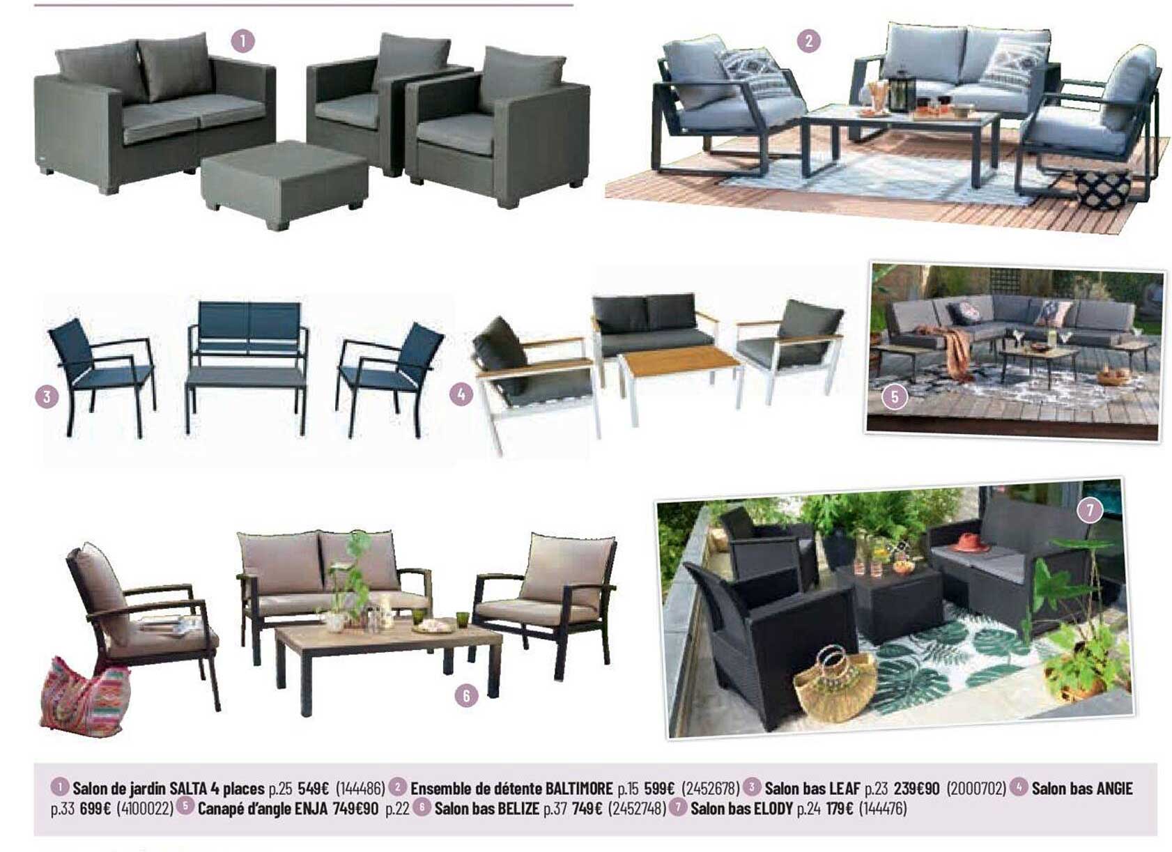 salon de jardin salta 4 places, ensemble de détente baltimore, salon bas leaf, salon bas angie, canapé d'angle enja, salon bas belize, salon bas elody