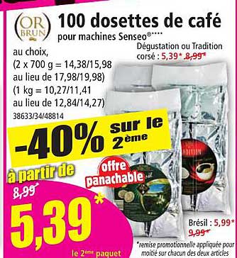 100 dosettes de café pour machines senseo or brun