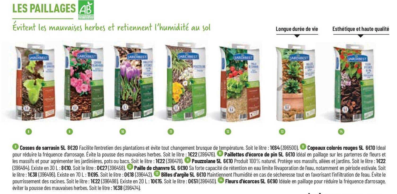 cosses de serrasin 5l jardibest, copeaux colorés rouges 5l jardibest, paillettes d'écorce de pin 5l jardibest, pouzzolane 5l jardibest, paille de chanvre 5l jardibest, billes d'argile 5l jardibest