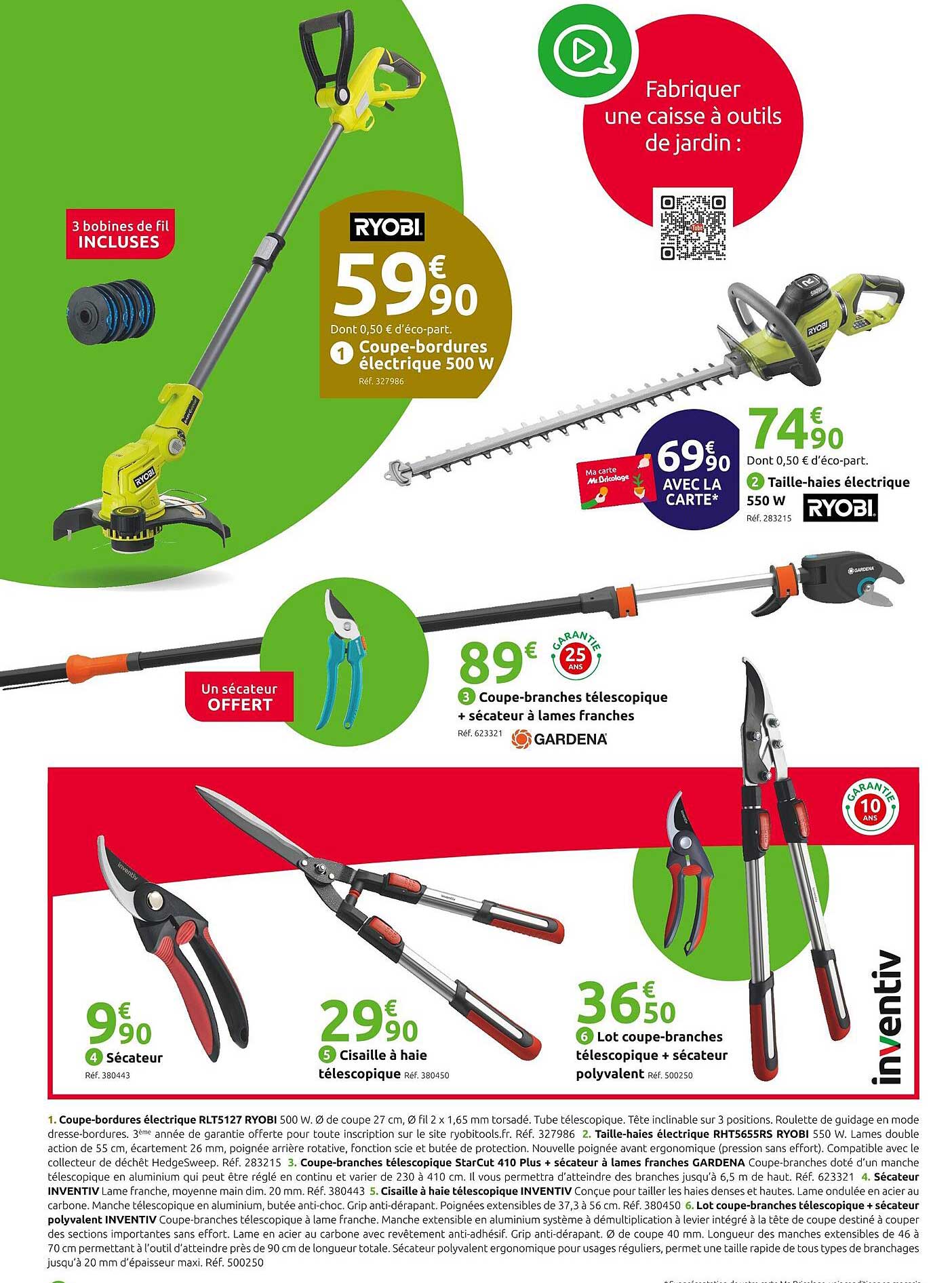 coupe-bordures électrique 500w ryobi, taille-haies électrique ryobi, coupe-branches télescopique + sécateur à lames franches gardena, sécateur, cisaille à haie, lot coupe-branches télescopique