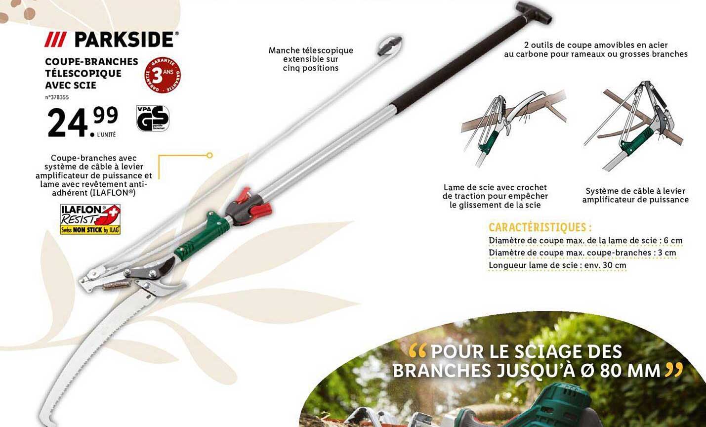 coupe-branches télescopique avec scie parkside